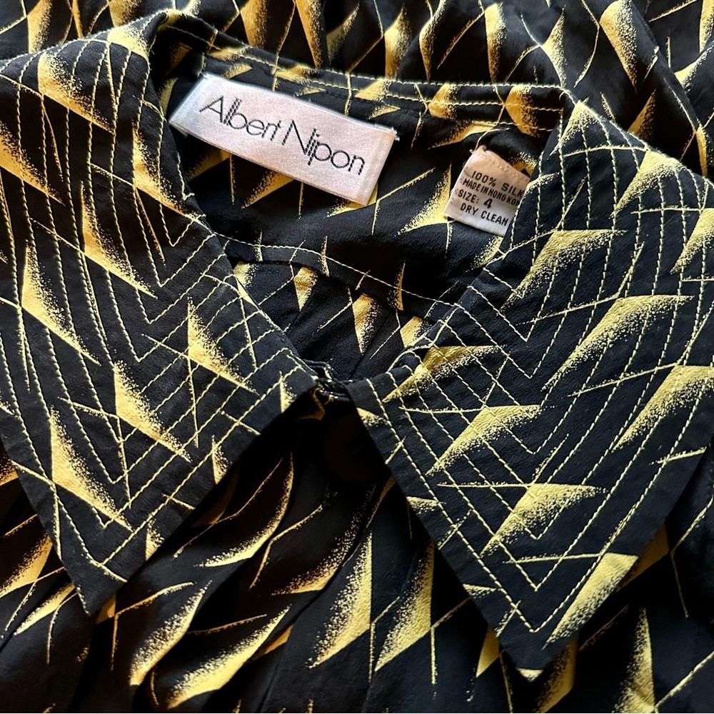 Vintage 80s Albert Nipon Black & Yellow Silk Abst… - image 5